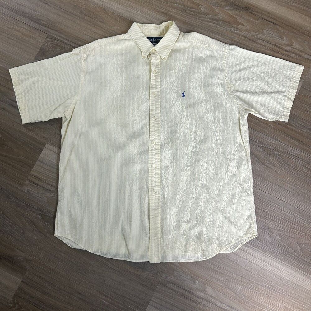 Ralph Lauren Blake Mens XL Yellow Seersucker Gingham Short Sleeve Button Down